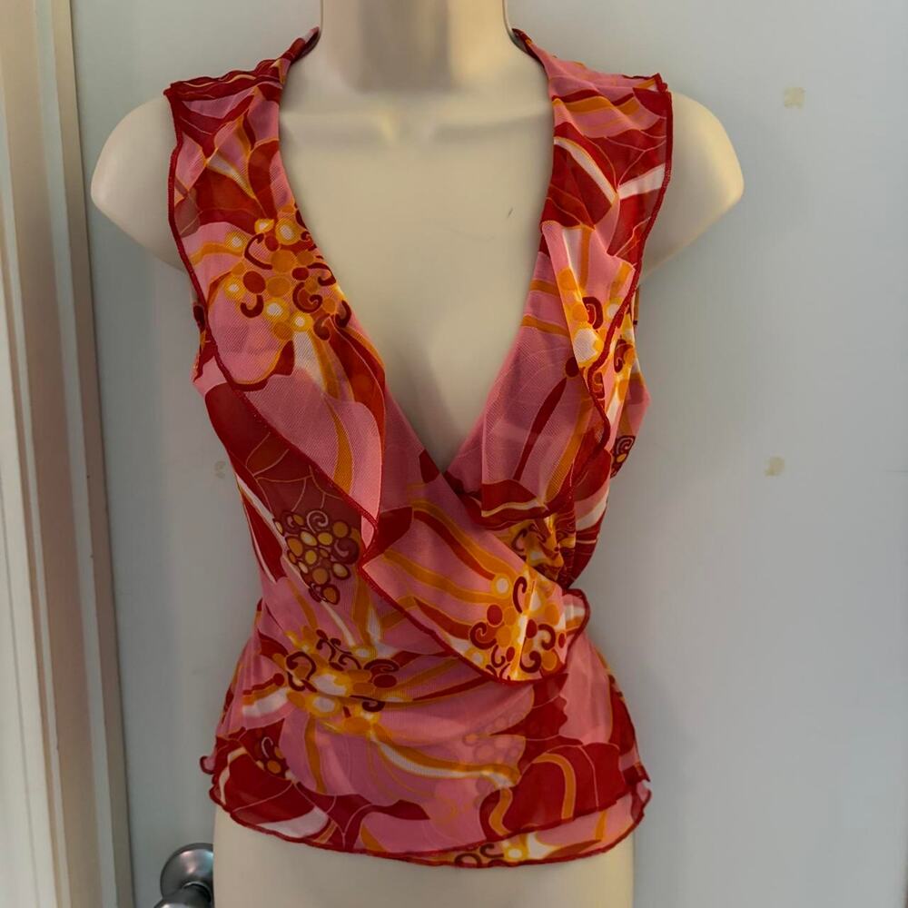 Vintage Y2K Benetton Floral Mesh Wrap Top Made in Italy